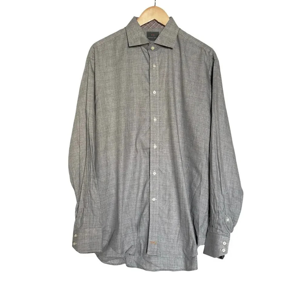 Thomas Dean Mens Pima Cotton Gray Plaid Flip Cuffs Casual Shirt L